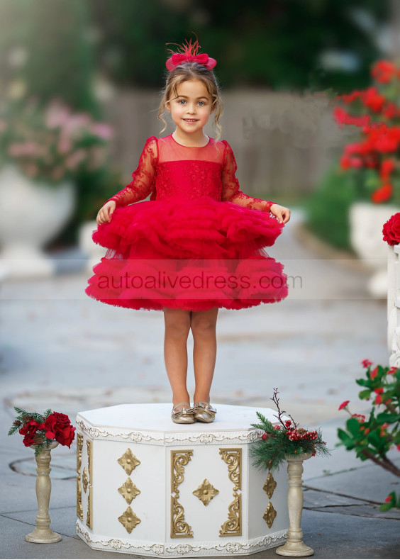 Long Sleeves Red Lace Tulle Ruffled Flower Girl Dress